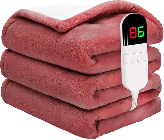 Heated Blanket Twin 62"×84" - Premium Cosy Soft Electric Blanket with 6 Heating Levels,Fast Heating Flannel Sherpa Machine Washable Blanket for Bed & Couch - Auto Shut Off(Wine)