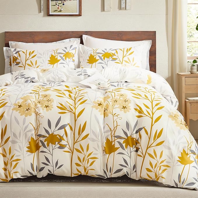 100% Cotton Duvet Cover Set King Size, Yellow Floral Bedding Set 3 Pcs Reversible Lightweight Comforter Cover for All Season(King, Yellow Botanical)