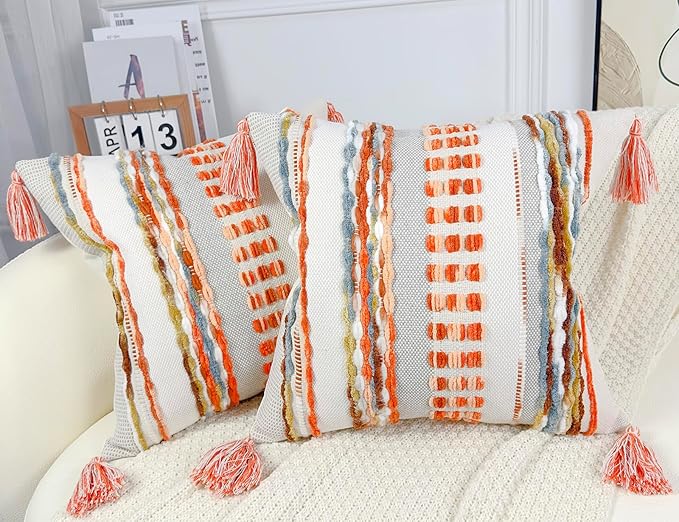 Boho Throw Pillow Covers 16x16 Aesthetic Neutral Boucle Couch Pillow Cover Rainbow Striped Decorative Accent Pillow Case for Couch Bed Sofa Farmhouse Bedroom,Modern Funky,Set of 2 Red