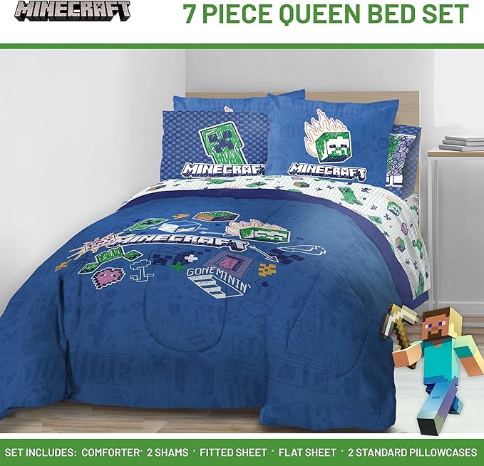 Jay Franco Kids Comforter Set Includes Sheets and Pillow Covers - Soft and Cozy Bed Set for Stylish Room Decor, Blue - Minecraft 02, 7 Piece Queen Bedding