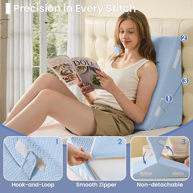 Sasttie Wedge Pillow for After Surgery, Adjustable Bed Wedge Pillow Headboard for Acid Reflux, Sleeping, Neck & Back Support, with Removable Cover, Blue