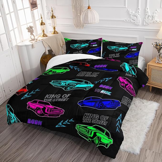 AILONEN Racing Car Comforter Set Twin Size, Fast and Furious Extreme Sport Games Bedding Sets for Kids Boys Teens,Cartoon Sports Car Bed in a Bag,1 Quilt and 2 Pillowcases,3 Pieces