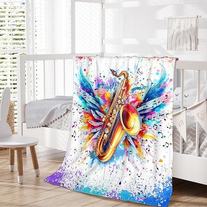 Music Saxophone Blanket for Kids Teens Adults, Music Note Throw Blanket Gifts for Music Lovers Boys Girls, 40x50 Inches Soft Flannel Blanket Music Decor for Bed Couch Sofa Home