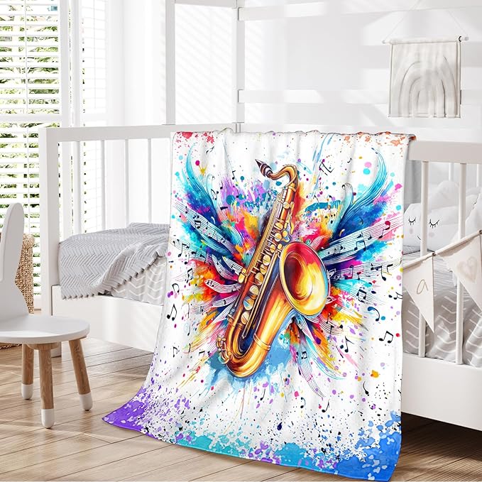 Music Saxophone Blanket for Kids Teens Adults, Music Note Throw Blanket Gifts for Music Lovers Boys Girls, 50x60 Inches Soft Flannel Blanket Music Decor for Bed Couch Sofa Home