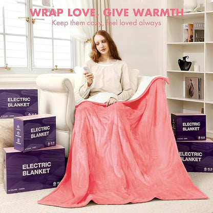 Heated Blanket 50" x 60" - Soft Flannel Sherpa Electric Throw Blanket with 5 Heating Levels & 4 Hours Auto Off for Office, Heating Blanket as a Gift for Grandma, Machine Washable (Pink)