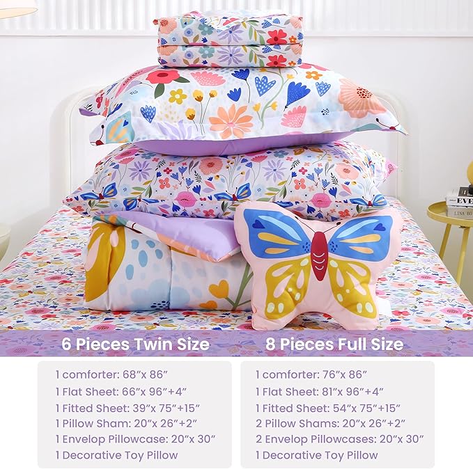 Mooreeke Twin Size Comforter Sets for Girls Kids, 6 Pieces Bed in a Bag Purple Floral Butterfly Bedding Comforter Sheet Set with Shams and Decorative Toy Pillow, Ultral Soft Microfiber Kids Bed Set
