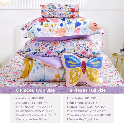 Mooreeke Twin Size Comforter Sets for Girls Kids, 6 Pieces Bed in a Bag Purple Floral Butterfly Bedding Comforter Sheet Set with Shams and Decorative Toy Pillow, Ultral Soft Microfiber Kids Bed Set