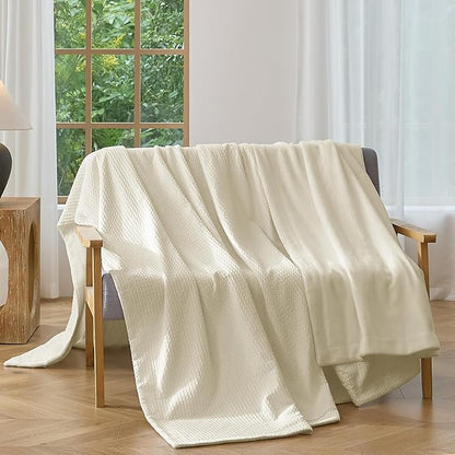 CHUFFED Cotton Waffle Blanket Queen Size - Plush Milk Velvet & Reversible Waffle Weave,Anti-Static 500Gsm Design，Thick Cozy Soft Winter Blanket for Bed, Couch, Sofa - Beige, 90x90 Inches