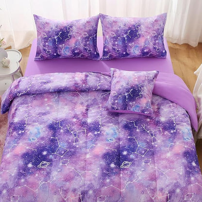 Galaxy Constellation Print Comforter Set Twin Girls Gradient Bedding Set,6 Piece Bed in a Bag with Sheet Bedding Gift for Kids(Purple)