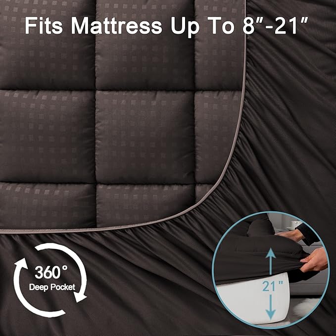 HYLEORY Full Mattress Pad Quilted Fitted Mattress Protector Cooling Pillow Top Mattress Cover Breathable Fluffy Soft Mattress Topper with 8-21" Deep Pocket, Brown