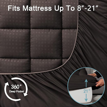 HYLEORY Full Mattress Pad Quilted Fitted Mattress Protector Cooling Pillow Top Mattress Cover Breathable Fluffy Soft Mattress Topper with 8-21" Deep Pocket, Brown