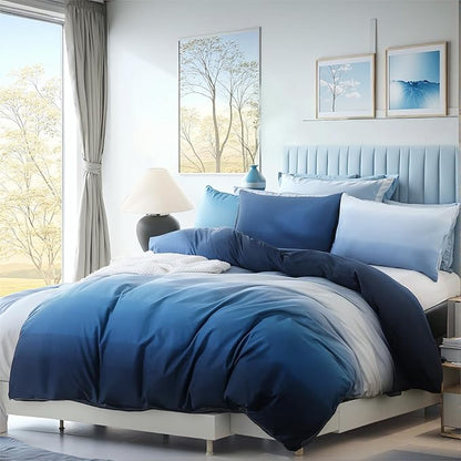 Blue and White Duvet Cover Queen Size 100% Cotton Duvet Cover Sets Gradient Blue Comforter Cover Ocean Like 3 Pcs Soft and Lightweight Bedding Set for All Seasons
