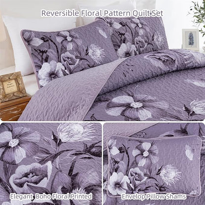 Floral Quilt Set King Size Bedding Set 3 Pieces Dark Purple Boho Floral Quilt Bedspread Soft Microfiber Lightweight Flower Coverlet Set with 2 Pillow Shams for All Season 90"x104"
