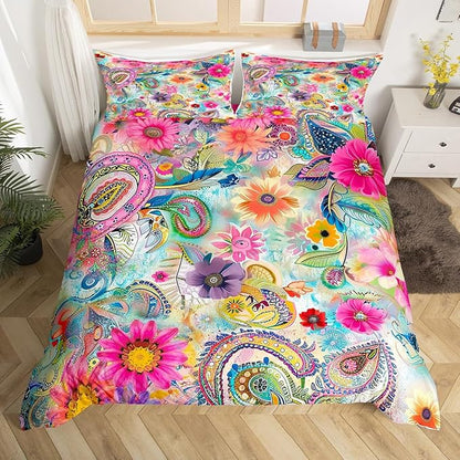 Flowers Tie Dye Comforter Cover Full Size 80"x90",Colorful Paisley Print Duvet Cover for Girls Teens,Romantic Boho Pink Blue Floral Polyester Quilt Cover with 2 Pillowcases, (No Comforter)