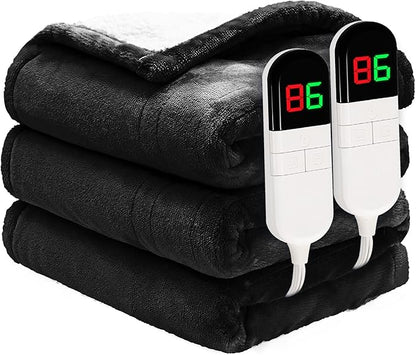 Heated Blanket Queen 84"×90" - Premium Cosy Soft Electric Blanket with 6 Heating Levels,Dual Control Fast Heating Flannel Sherpa Blanket for Bed & Couch,Auto Shut Off/Machine Washable (Black)
