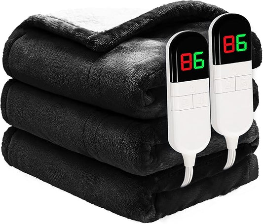 Premium Electric Blanket King 90"100" - Flannel Sherpa, 6 Heating Levels, Dual Control, Auto Shut Off, Machine Washable (Black)