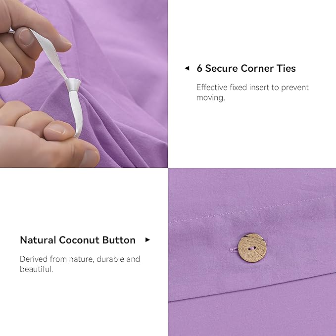 JELLYMONI Cotton Duvet Cover Queen Size - Light Purple Comforter Cover with Button 100% Washed Cotton 3PCS Breathable Soft Solid Bedding Set Duvet Cover 90×90in & 2 Pillowcases (NO Comforter)