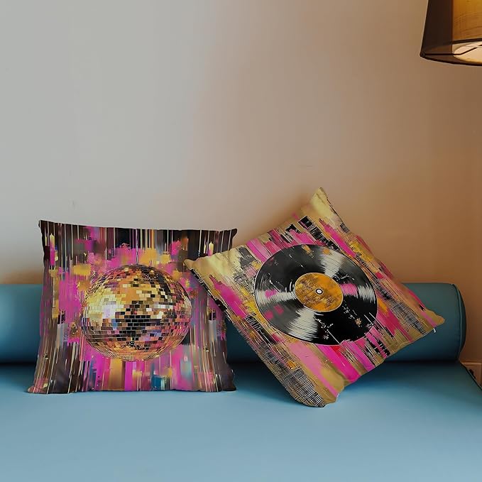 Retro Trendy Vinyl Disco Ball Pillow Covers 18x18 Set of 2, Colorful Maximalist Vinyl Record Glam Mirror Ball Decorative Throw Pillow Covers for Home Bedroom Music Room Studio