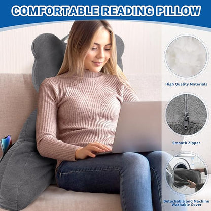 Reading Pillow, Back Pillow with Pockets for Bed Sitting Up, Large Reading Pillows for Sitting in Bed Adult, Back Pillow for Reading/Resting