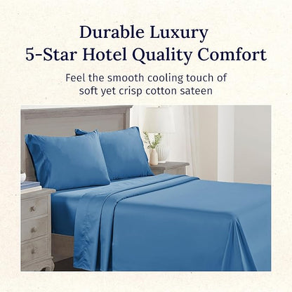 California Design Den Natural 100% Cotton Bed Sheets Queen Size Set - Luxury 600 Thread Count Sateen, Durable Hotel Quality Fully Elasticized Deep Pocket Bedsheets Queen Size Bed - Parisian Blue