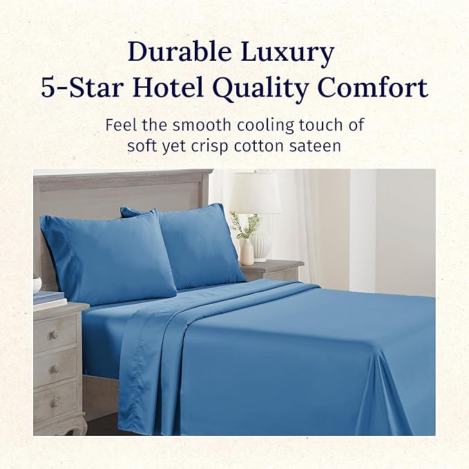 California Design Den Natural 100% Cotton Bed Sheets Full Size Set - Luxury 600 Thread Count Sateen, Hotel Quality Cooling Sheets, Fully Elasticized Deep Pockets, Crisp and Durable - Parisian Blue