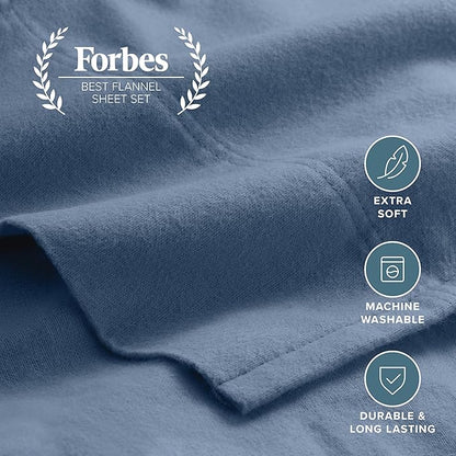 Bare Home Flannel Sheet Set 100% Cotton, Velvety Soft Heavyweight - Double Brushed Flannel - Deep Pocket, 4 pieces(King, Coronet Blue)