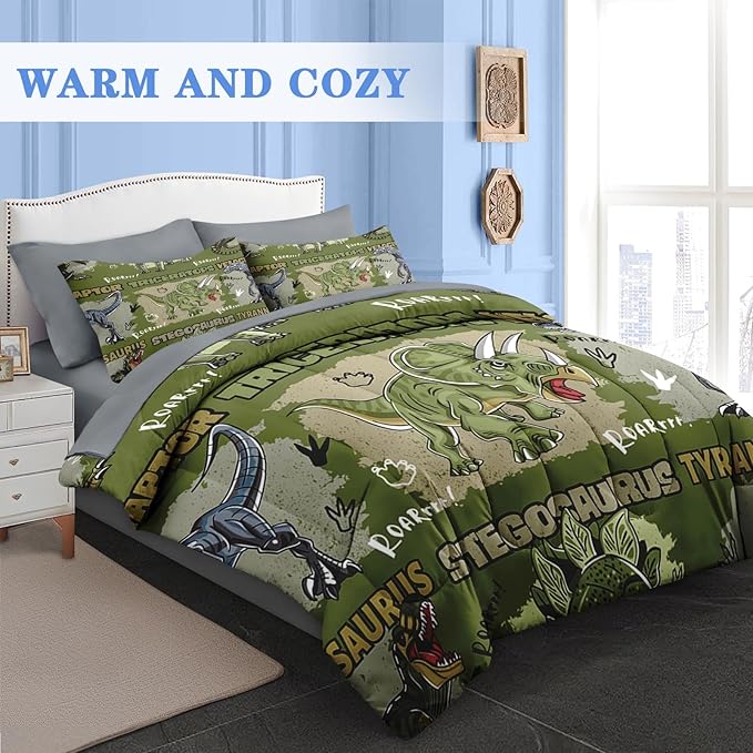Comforter Set Full Size, Cool Cartoon Dinosaur 7 Pcs Bedding for Kids and Adults, Jungle Wildlife Animal Bed Sheet Sets with Fitted Sheet 2 Pillowcases & 2 Shams for Bedroom Bed Decor