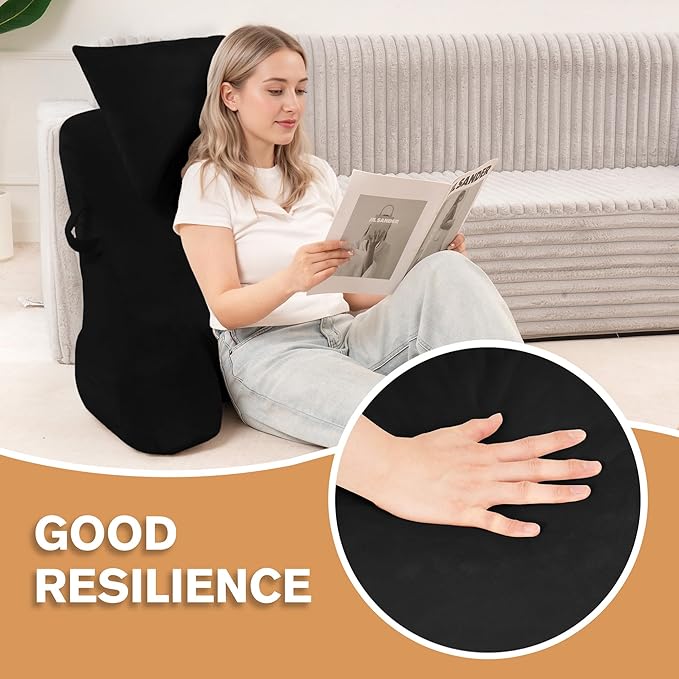 Portable Reading Pillows with Headrest for Bed Sitting Up(Black Oeko-Tex), Velvet Back Pillow with Arms & Pockets for Adults, Support Memory Foam Bed Pillow for Dorm/Reading/Watching/Gaming