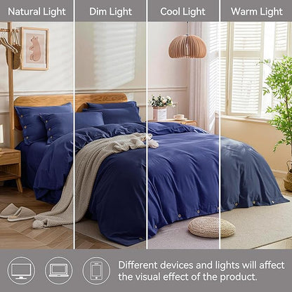 JELLYMONI Cotton Duvet Cover King Size - Navy Blue Comforter Cover with Button 100% Washed Cotton 3PCS Breathable Soft Solid Bedding Set Duvet Cover 104×90in & 2 Pillowcases (NO Comforter)