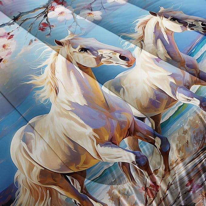 Western Farmhouse Horse Comforter Set,Pink Cherry Blossoms Bedding Sets for Kids Teens Girls Room Decoration,Coastal Beach Theme Bedding Full Size Comforter Sets for Girls with 2 Pillowcases.