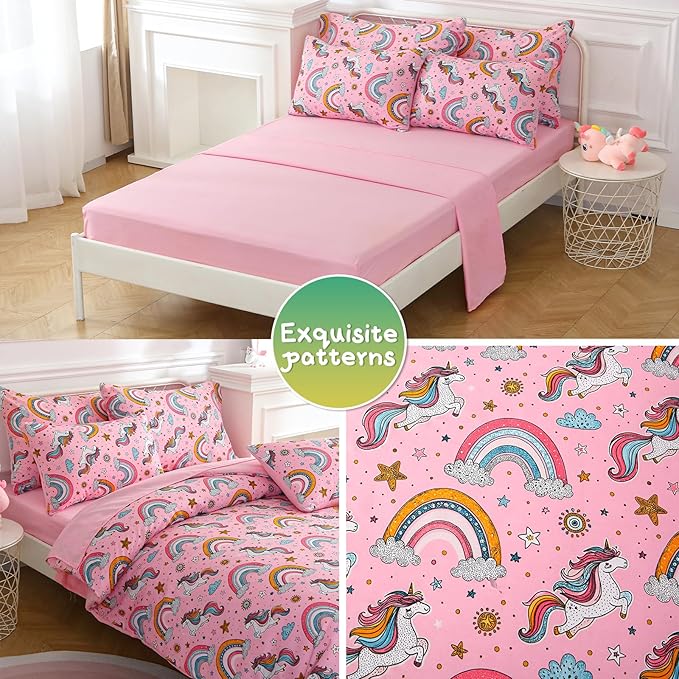 Glow in The Dark Kids Comforter Set， 4 Pieces Pink Unicorn Bedding Set Full Size for Boys Girls Teen, 1 Comforter, 1 Pillowcase, 2 Pillow Shams