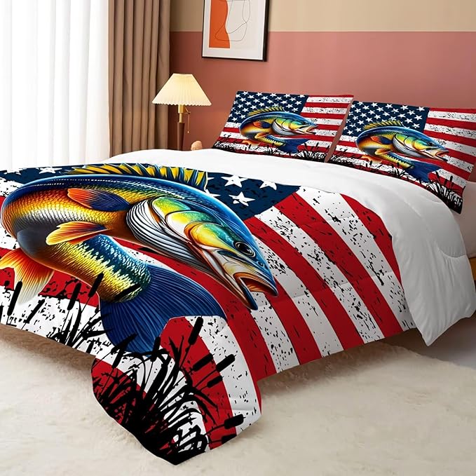 American Flag Comforter Set Full/Queen Size Bass Fish Bedding Set for Men Boys Teens Fishing Lover Bedroom Fisherman Farmhouse Bed Set Wild Quilted, 1 Comforter 2 Pillowcases