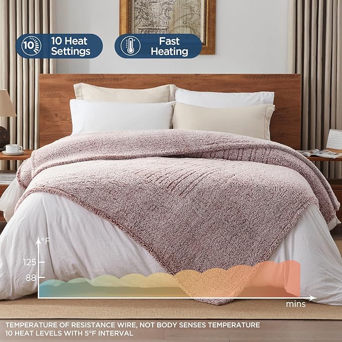 Westinghouse Electric Blanket Queen Size, Soft Plush Sherpa Heated Blanket with 10 Heating Levels & 1-12 Hours Auto-Off, Machine Washable, 84x90 inches, Rust