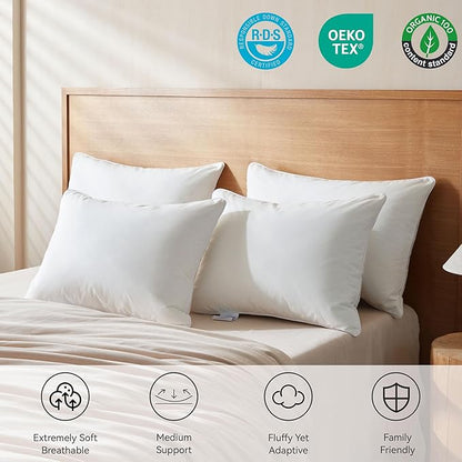 Goose Feather Down Pillows Queen Size Set of 1, Soft Pillows with 100% Organic Cotton Fabric, Luxury Hotel Quality Bed Pillow 1 Pack for Sleeping, Breathable & Fluffy (20" x 30")