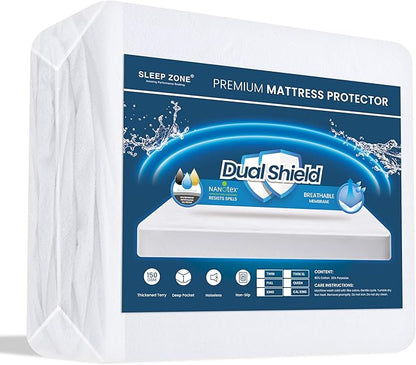 SLEEP ZONE Twin Mattress Protector Waterproof Soft Cotton Terry Breathable Mattress Cover, Washable Noiseless with Deep Pocket 8"-21"