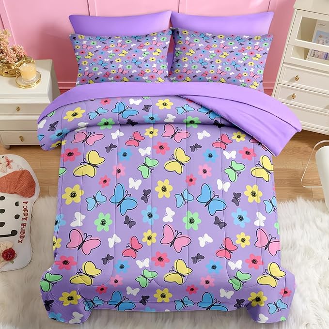 Nesker 7 Pcs Comforter Set Queen Size, Colorful Butterfly Bedding for Kids Teen, Cute Cartoon Flowers with Fitted Sheet 2 Pillowcases & 2 Shams for Bedroom Bed Decor
