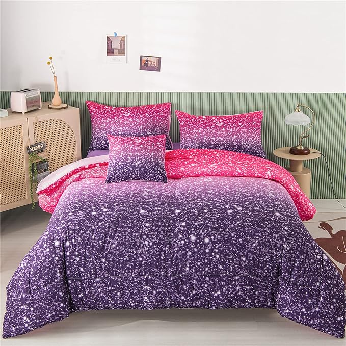 RYNGHIPY 6Pcs Queen Gradient Pink Purple Glitter Comforter Sets for Teens Girls Kids, Colorful Rainbow Glitter Themed Bedding Set