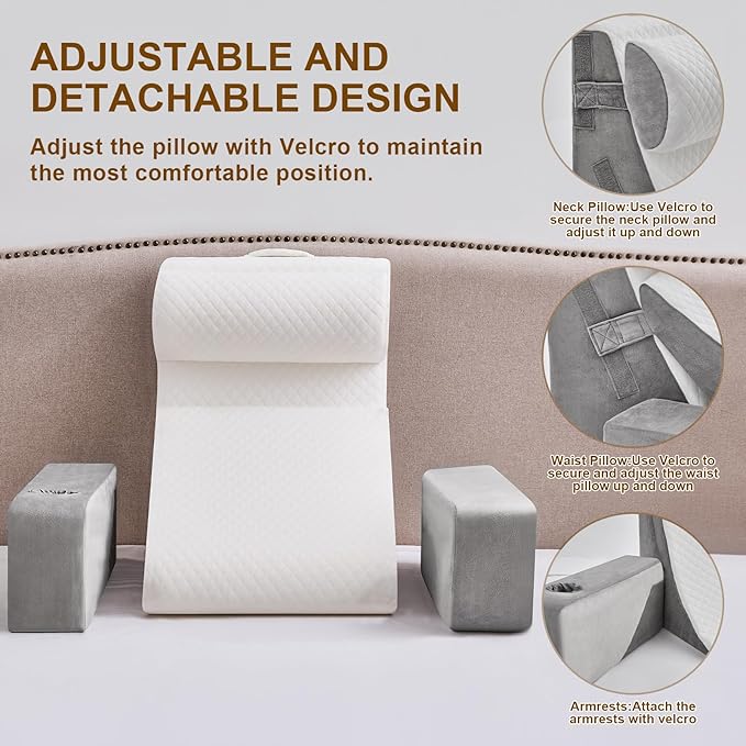 Reading Pillow for Sitting in Bed Adult, Back Pillow for Bed Sitting up with Arms, Pockets and Cup holder, Sit Up Backrest Pillows for Beds Chair Support, Beds Rest Pillow for Gaming, Watching TV