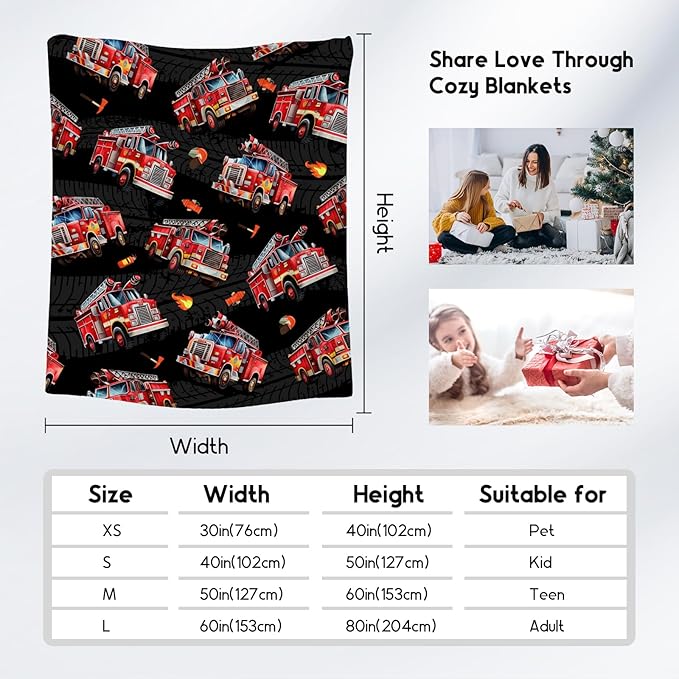 Kids Throw Blanket Fire Truck Gifts for Teens Adults - Lightweight Furry Flannel Blankets for Bedding (60"x80")