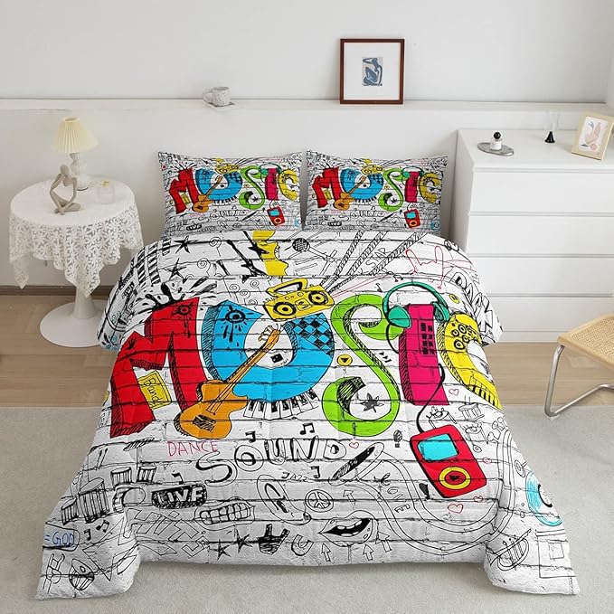 Castle Fairy Colorful Graffiti Full Size Comforter Set Street Art Wall Bedding Set for Kids Adults Teens Guitar Radio Comforter Luxury Rock Music Quilt Set Room Decor 3Pcs