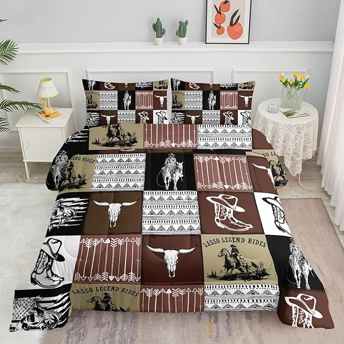 Western Cowboy Comforter Set Bull Skull Horse Printed Bedding Set with 1 Comforter and 2 Pillowcases for Boys and Girls Bedroom All Season(Cowboy-2 Full)
