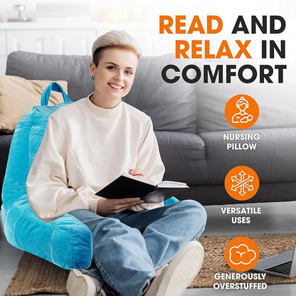 Cheer Collection Reading Pillow with Arms – Portable Bed Pillow for Sitting Up & Support, Hollow Fiber-Filled Back Rest Pillow for Sitting in Bed & Couch, Machine Washable, Sky Blue