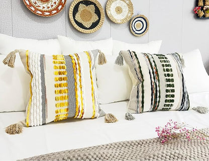 Boho Throw Pillow Covers 18x18 Aesthetic Neutral Boucle Couch Pillow Cover Rainbow Striped Decorative Accent Pillow Case for Couch Bed Sofa Farmhouse Bedroom,Modern Funky,Set of 2 Yellow