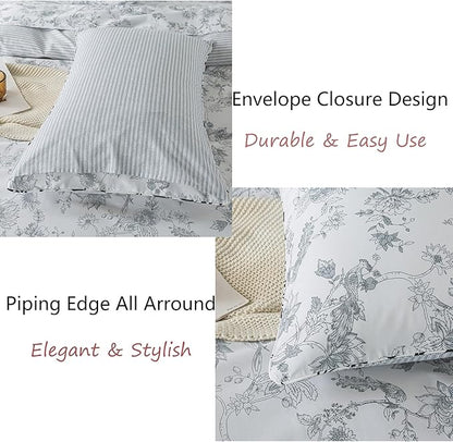 FADFAY Gray and White Duvet Cover Set Shabby White Floral Farmhouse Bedding Vintage Bird Peacock Quilt Cover Set 100% Cotton Comforter Cover with Hidden Zipper Closure 3Pcs, King/California King Size