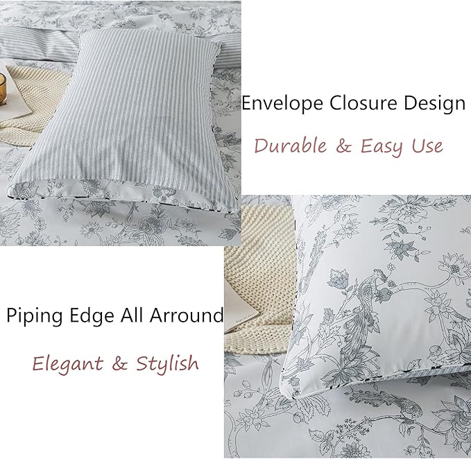 FADFAY Gray and White Duvet Cover Set Twin Shabby White Floral Bedding Vintage Bird Farmhouse Bedding Rustic Peacock Quilt Cover 100% Cotton Comforter Cover with Hidden Zipper Closure 3Pcs, Twin Size