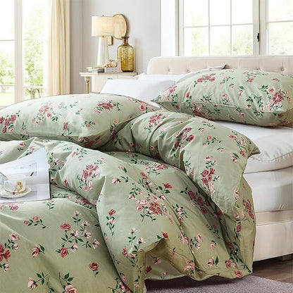 100% Cotton Duvet Cover Set Queen Size– Green Classic Botanical Print Bedding Set 3 Pieces, Breathable Lightweight Comforter Cover with Zipper Closure, Vintage Garden Floral Bed Set