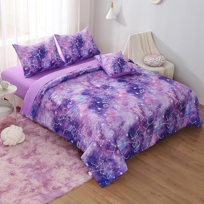 Galaxy Constellation Print Comforter Set Twin Girls Gradient Bedding Set,6 Piece Bed in a Bag with Sheet Bedding Gift for Kids(Purple)