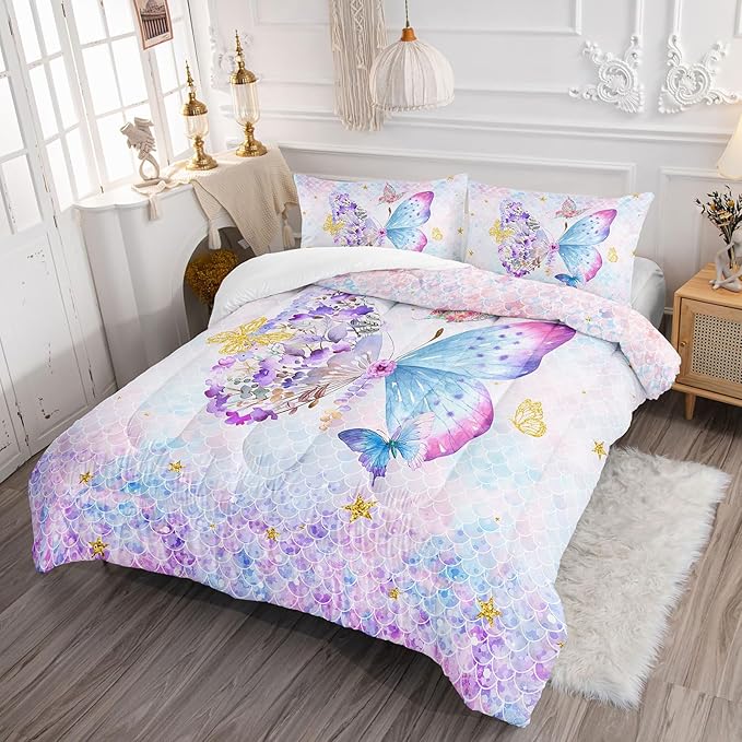 Axolotl Butterfly Bedding King,Rainbow Butterflies Comforter Set for Girls Teens,Butterfly Bedding for Girls with Golden Star Scales,Watercolor Butterflies Quilt Set with 1 Comforter 2 Pillowcases