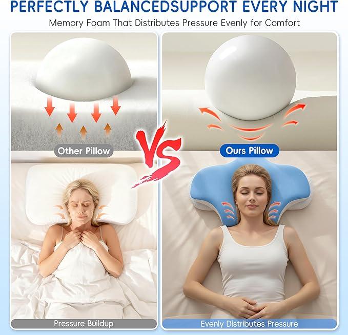 Cervical Neck Pillow for Pain Relief, Ergonomic Contour Pillow for Sleeping, 2 Heights Cooling Pillow for Neck and Shoulder Support, Memory Foam Orthopedic Pillow for Side Back Stomach Sleepers Blue
