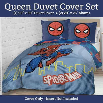 Jay Franco Duvet Cover Set – 3 Piece Comforter Cover and Sham Set, Super Soft Cozy Kids Bedding (Insert Not Included) Blue - Spiderman, Queen